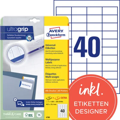 Produktbild von Avery Zweckform 4780 Universal-Etiketten, A4 mit ultragrip,  48,5 x 25,4 mm, weiß
