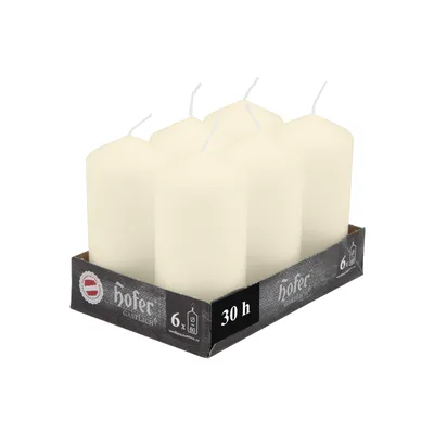 Produktbild von HOFER Stumpenkerzen 6er Set – 6x12cm – Elfenbein Ivory – 39h Brenndauer – Säulenkerzen für Deko & Hochzeit