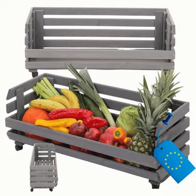 Produktbild von MODO24 Gemüseregal Holz, 1 Holzkiste, Kartoffelsteige, Obstregal, Rollenregal, Stapelbar, Vorratsregal, Massivholz Kiefer, 30x77x30 cm, Grau, RAWA