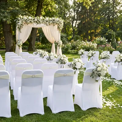 Immagine prodotto di QEENTOE, 10 pezzi di decorazioni per sedie con fibbia, nastri elastici in Spandex, fasce per sedie, decorazioni per sedie, ideali per copri-sedie, lunghezza massima estendibile: 50 cm, colore bianco