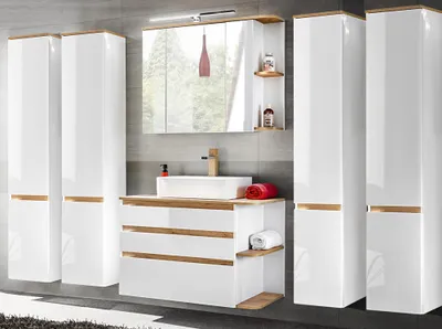 Produktbild von Badmöbel Komplett-Set mit Keramik-Waschtisch CAMPOS-56, Hochglanz weiß mit Wotaneiche, 4 Hochschränke B/H/T ca. 294/200/50 cm