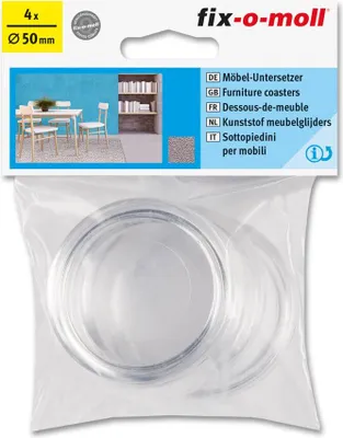A packaging with multiple circular plastic coasters inside, along with product information and branding.