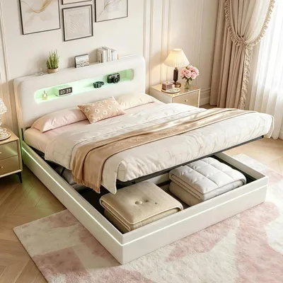 Image de Lit rembourré INONEFT 160x200 cm avec éclairage LED et espace de rangement dans la tête de lit, lit à lattes avec sommier relevable hydraulique, lit double avec espace de rangement et sommier à lattes, lit pour adolescents, en velours, couleur beige