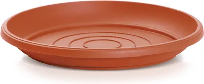 A terracotta-colored plant saucer is shown on a white background.