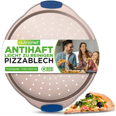 Produktbild von NutriChef Goldenes Pizzablech Ø 32 cm | Runde Backform für Pizza & Flammkuchen | Perforierte Oberfläche für gleichmäßige Hitze | Antihaft & robust
