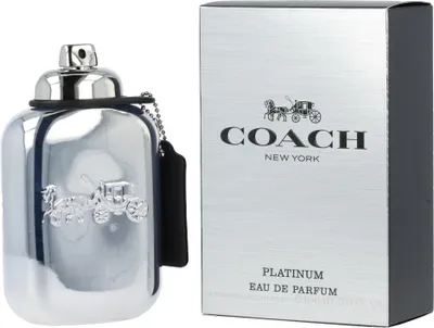 A bottle of Coach Platinum Eau de Parfum for men and its packaging are displayed against a white background.