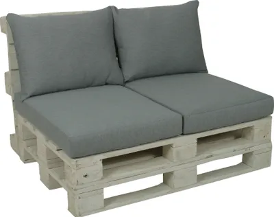 A two-seater sofa made from wooden pallets with grey cushions.