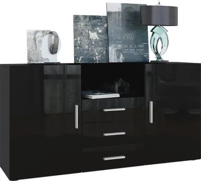 Produktbild von Vladon Sideboard Skadu, Kommode mit 2 Türen, 3 Schubladen und 1 offenem Fach, Schwarz matt/Schwarz Hochglanz (138,5 x 71,5 x 35 cm)