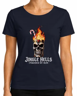 Produktbild von Jingle Hells Powered by Rum Totenkopf Flammen Weihnachten Skull Damen T-Shirt, Navy, XL