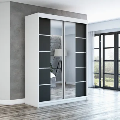 Produktbild von Schwebetürenschrank, 2-türig Schrank ERA 160 cm (mit Spiegel) (Weiß /schwarz / schwarz)