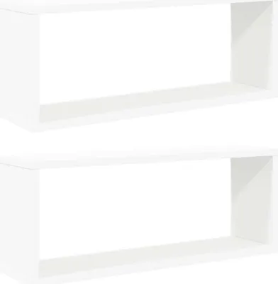 Two white cube shelves are shown side-by-side against a white background.