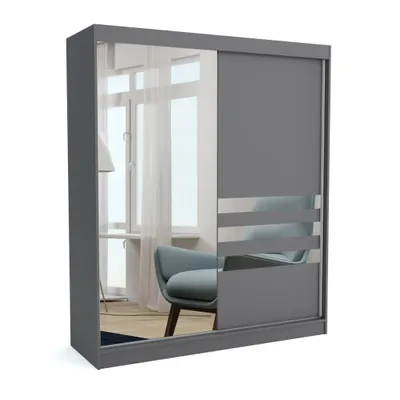 Produktbild von Brent - Kleiderschrank mit Spiegel Henry, Schlafzimmerschrank mit 1 Kleiderstange und Einlegeböden für Kleidung, 180x215x60 cm, Grau
