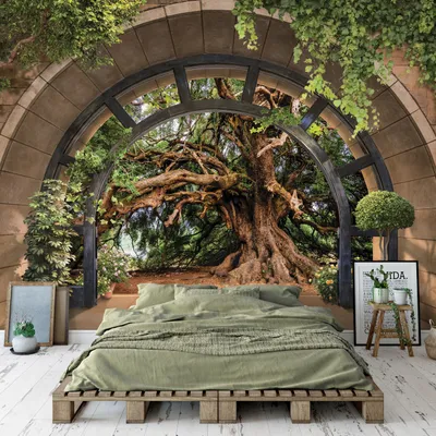Produktbild von Vlies Fototapete 3D EFFEKT Wald Natur Baum ( 312x219 cm - 3 Bahnen ) Fensterblick Ausblick inklusive Kleister Wohnzimmer Schlafzimmer Wandtapete Tapete Latexdruck UV-Beständig Montagefertig