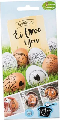 Produktbild von Heitmann Eierfarben Dekorbanderolen Ei Love You! - Zitate und Motive für Ostereier - für gekochte und ausgeblasene Eier - Ostereier verzieren