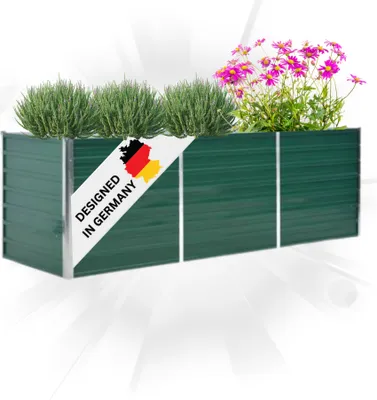 A green raised garden bed filled with plants and flowers, with a "Designed in Germany" label.