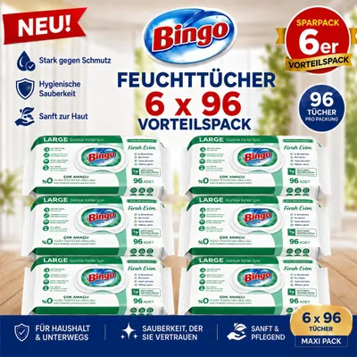 Obrázok produktu pre Bingo vlhčené utierky zelené 6x96 kusov – Svieži vánok – Univerzálne čistiace utierky, výhodné balenie