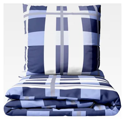 Produktbild von Biber Bettwäsche Set 135x200 cm + 80x80 cm Gestreift Kariert Blau Weiß Kuschelig Warm Winter 2-teilig