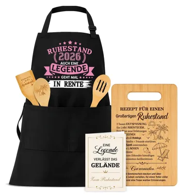 Productafbeelding van Cadeauset voor pensioen met schort, snijplank en houten lepelset
