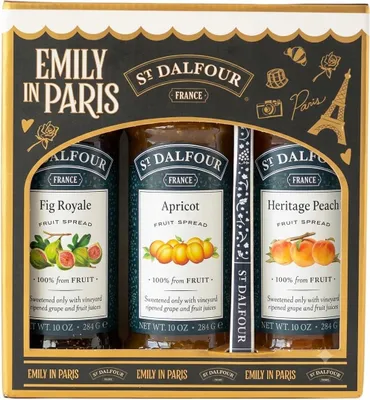 Produktbild von St Dalfour Emily in Paris Fruchtaufstrich Geschenkset: Feige, Aprikose, Pfirsich, 3 x 284g, ohne Zuckerzusatz, 100% Frucht