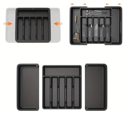 Produktbild von Besteckkasten - Ausziehbarer Schubladeneinsatz - 6–8 Fächer - Verstellbarer Küchen-Besteckorganizer - ABS-Kunststoff - Für Messer Gabel Löffel - Schwarz