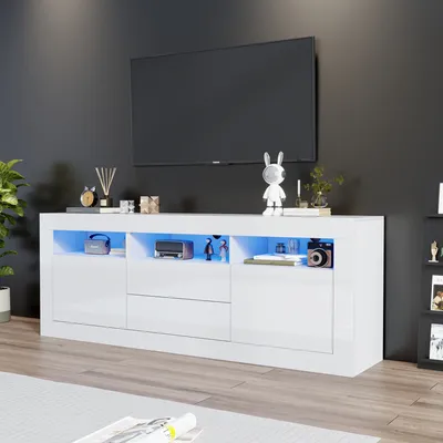 Obrázek produktu pro okwish TV stolek TV-Lowboard s LED osvětlením a ovládáním přes Smart App, 1603560cm, televizní stůl, obývací nábytek, vysoký lesklý závěsný skříň pro obývací pokoj, bílý