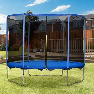 Produktbild von Gartentrampolin mit Sicherheitsnetz, Outdoor Trampolin Fitnesstrampolin, Stahl, Blau+Schwarz | Ø305 cm | bis 110 kg | 3 U-Beine