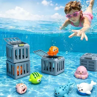 Produktbild von Unterwasser Rettung Tauchspielzeug, Pool Tauchspielzeug mit 6 Meerestieren und 6 Tauchkäfigen, Wasserspielzeug für Kinder, Schwimmbad Spielzeug für Sommer, Pool und Badewanne (A)