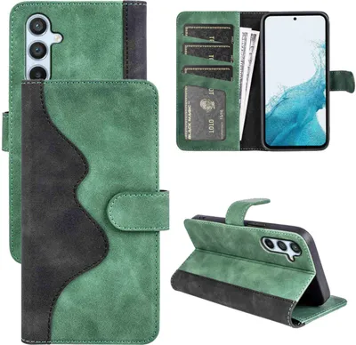 A collage of images showing a green and black flip phone case for a Samsung Galaxy A54 5G, including views of the case open, closed, and in a stand position.