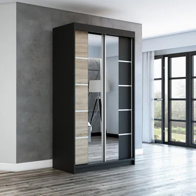 Produktbild von Schwebetürenschrank Kleiderschrank ERA 120 cm Schrank Garderobe Spiegel.Verschiedene Farben (Weiß, Schwarz, Somona). Möbel vom Hersteller!