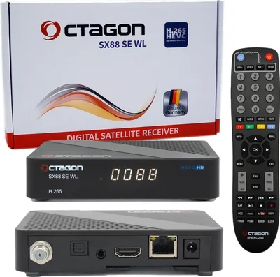 A product shot of a digital satellite receiver and its remote control, along with its packaging.