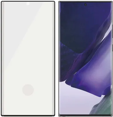 A split image showing a screen protector on the left and a smartphone on the right.