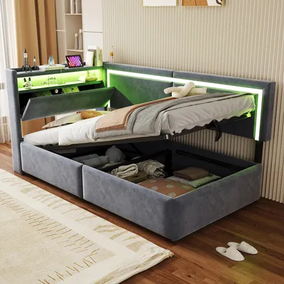 Image de Canapé-lit 90x200 cm, avec éclairage LED, avec port USB, avec espace de rangement, avec étagères, de couleur gris foncé