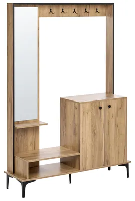 Zdjęcie produktu dla BELIANI Szafa do korytarza jasnobrązowa płyta wiórowa 170 x 120 cm półki i szafka na buty haczyki na kurtki lustrzane drzwi