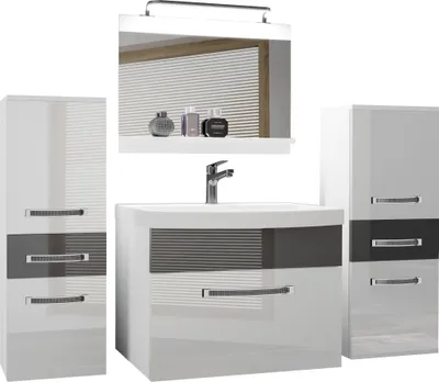 Produktbild von BELINI Badmöbel Vollausstattung Set Waschbeckenschrank, 2x kleiner Schrank, Waschbecken, Spiegel, Lampe (Weiß/ Silber, Glänzend)