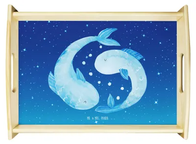 Produktbild von Mr. & Mrs. Panda Holztablett Sternzeichen Fische - Sternenhimmel Blau - Geschenk, Geburtstag März, Servier Tablett, sofatablett, Sternbild, serviertablett holz, aus