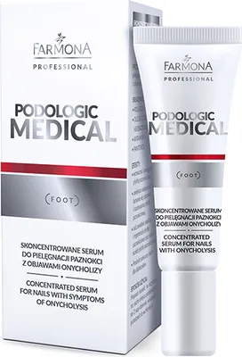 A product shot of a tube of Farmona Podologic Medical serum and its box, presented on a white background.