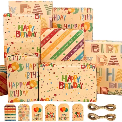 Produktbild von Geschenkpapier Geburtstag Kraftpapier Bunt 5 Bögen 700x500mm mit Anhänger & Schnur