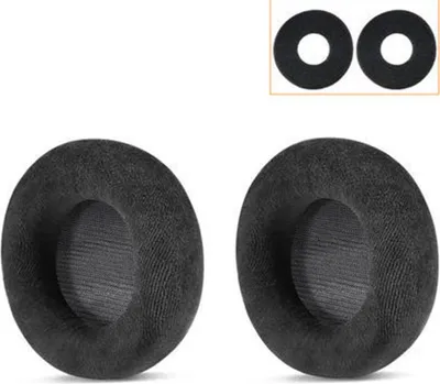 Two black ear pads for headphones are shown on a white background, with two smaller black rings in a separate inset box at the top right.