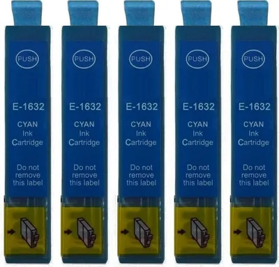 Five cyan ink cartridges are lined up against a white background.
