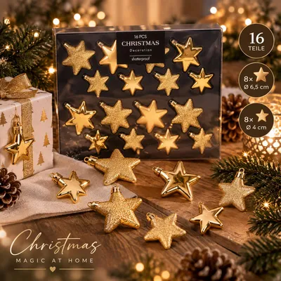 16tlg Weihnachtskugel Christbaumkugeln Baumkugel Set Sterne Gold