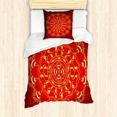 Produktbild von ABAKUHAUS Red Mandala Mantele, Aufwändige Kunst, Milbensicher Allergiker geeignet mit Kissenbezügen, 135 cm x 200 cm - 80 x 80 cm, Rot und gelb