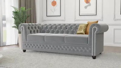 Produktbild von S-STYLE MÖBEL - Nox - Chesterfield 3 sitzer Sofa mit Schlaffunktion aus Grau Samt-Stoff mit Holzfüßen, B/T/H: 203 cm / 86 cm / 72 cm