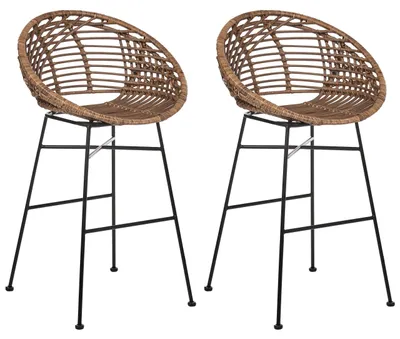 Produktbild von BELIANI Barstuhl 2er Set Braun Rattan Geflochten mit Rückenlehne Fußstütze Metallgestell ohne Armlehnen Boho Design Tresenstuhl Thekenstuhl