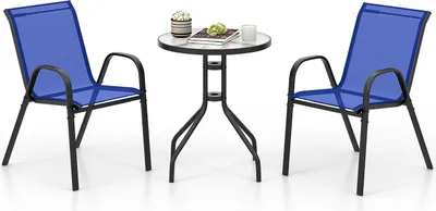 Immagine prodotto di COSTWAY Set di mobili da balcone 3 pezzi, tavolo da bistrot con 2 sedie impilabili, set da bistrot, set da giardino, set da giardino, mobili da giardino, set di seduta, gruppo di seduta blu