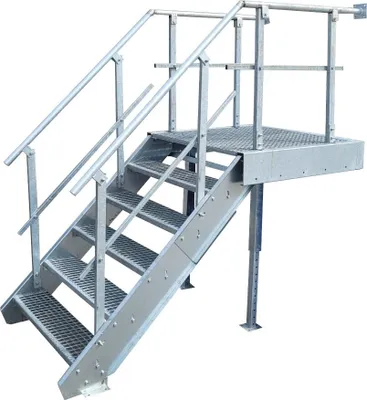 A metal staircase with a platform and railings, isolated on a white background.