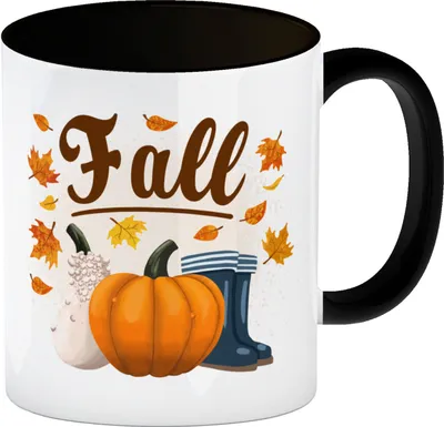 Produktbild von Fall Jahreszeit Herbst Kaffeebecher Schwarz mit Kürbis und Laub