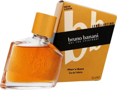 A bottle of Bruno Banani Man's Best Eau de Toilette and its packaging are displayed against a white background.