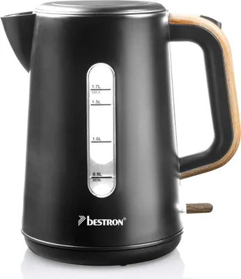 Produktbild von Bestron Wasserkocher mit 360° Basis, inkl. Kochstopp-Automatik & Trockenlaufschutz, 1.7 Liter Fassungsververmögen, 2200 Watt, AWK2200BW, Farbe: Schwarz / Holz