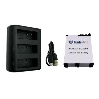 Produktbild von Trade-Shop 2in1 Set: Akku 2300mAh + USB-C LCD Dreifach-Ladegerät kompatibel mit DJI Osmo Action 3 / 4 / 5, BCX202, BCX204 / Action-Kamera Zubehör