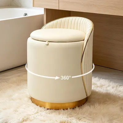 Produktbild von Schminkstuhl mit Stauraum, 360° drehbarer Frisierhocker aus Kunstleder mit Goldfuß, 38 x 40 x 52 cm, bis 200 kg belastbar, multifunktionaler Rundhocker für Schlafzimmer und Wohnzimmer (Cremeweiß)